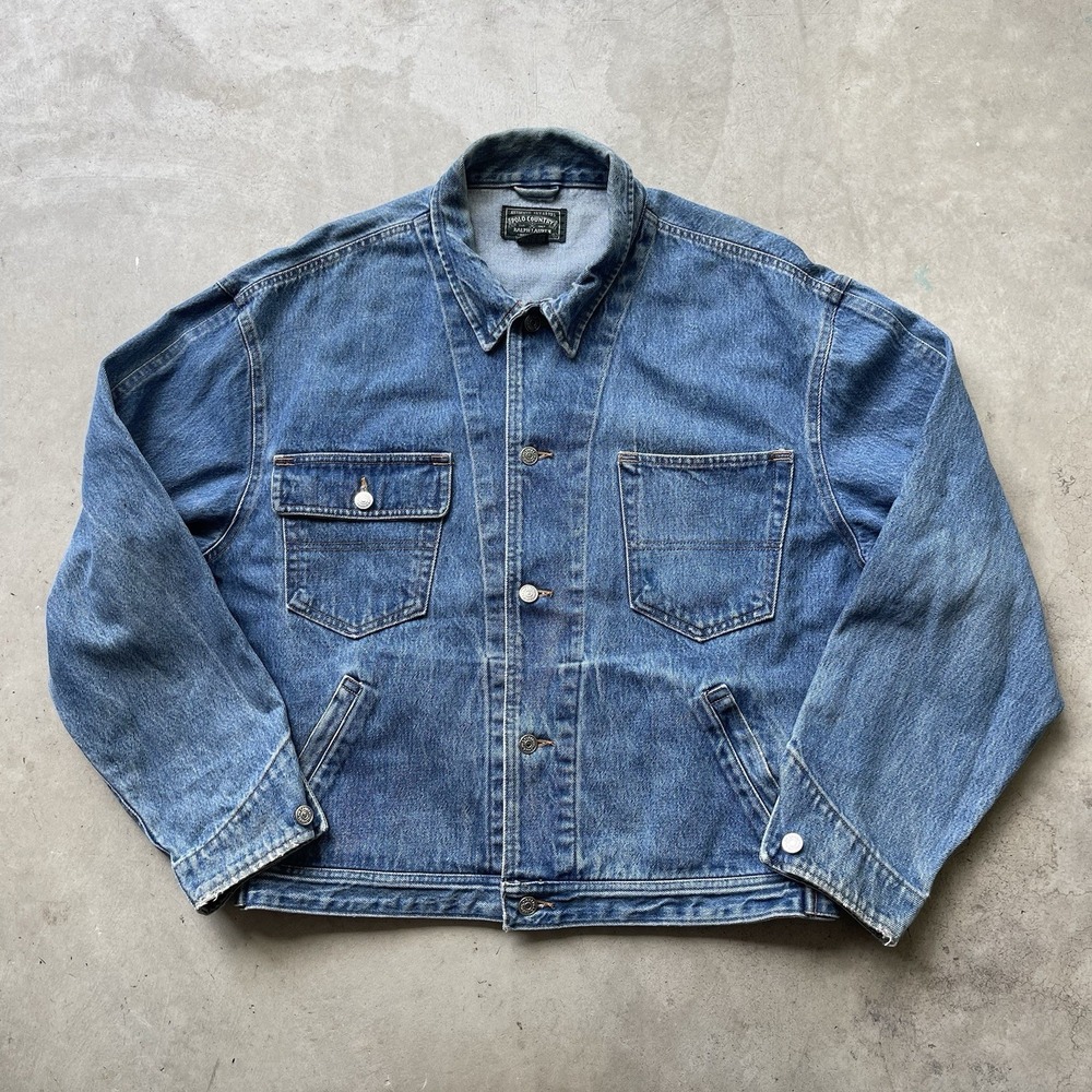 Vintage Polo Country Boxy Cropped Denim Jacket L Heavyweight Ralph Lauren